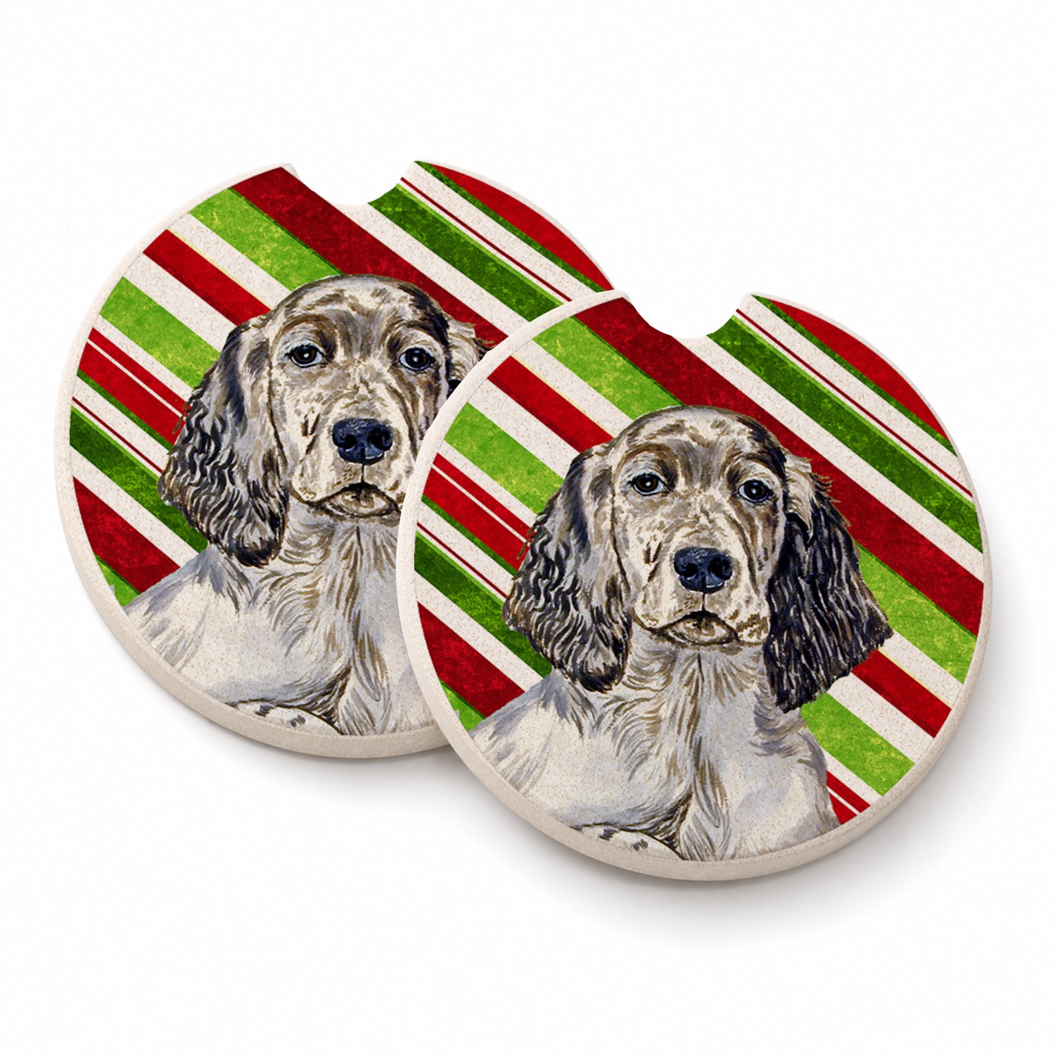 English Setter Candy Cane Holiday Christmas Set of 2 Cup Holder Car Coasters Absorbent Round Sandstone Coasters Gifts for Men or Women, 2.5, Multicolor