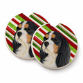 Cavalier Spaniel Candy Cane Holiday Christmas Set of 2 Cup Holder Car Coasters Absorbent Round Sandstone Coasters Gifts for Men or Women, 2.5, Multicolor