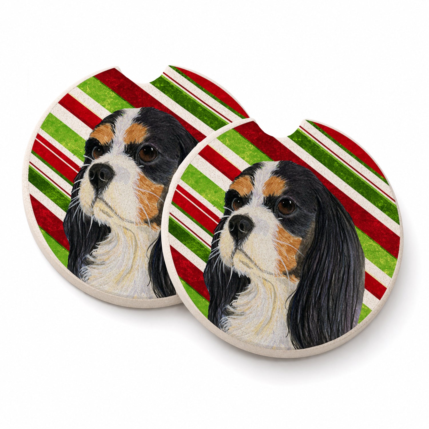 Cavalier Spaniel Candy Cane Holiday Christmas Set of 2 Cup Holder Car Coasters Absorbent Round Sandstone Coasters Gifts for Men or Women, 2.5, Multicolor