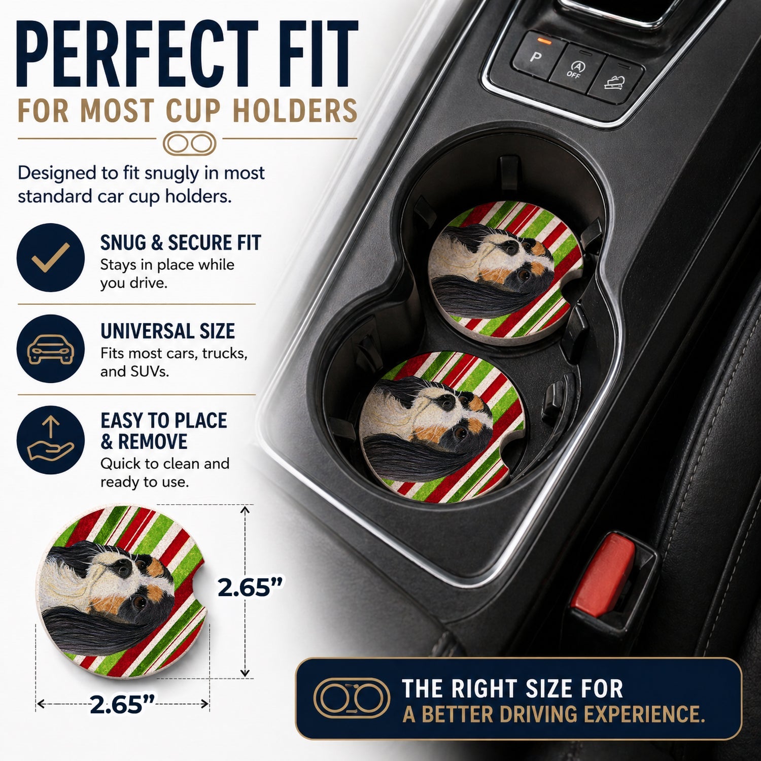 Cavalier Spaniel Candy Cane Holiday Christmas Set of 2 Cup Holder Car Coasters Absorbent Round Sandstone Coasters Gifts for Men or Women, 2.5, Multicolor