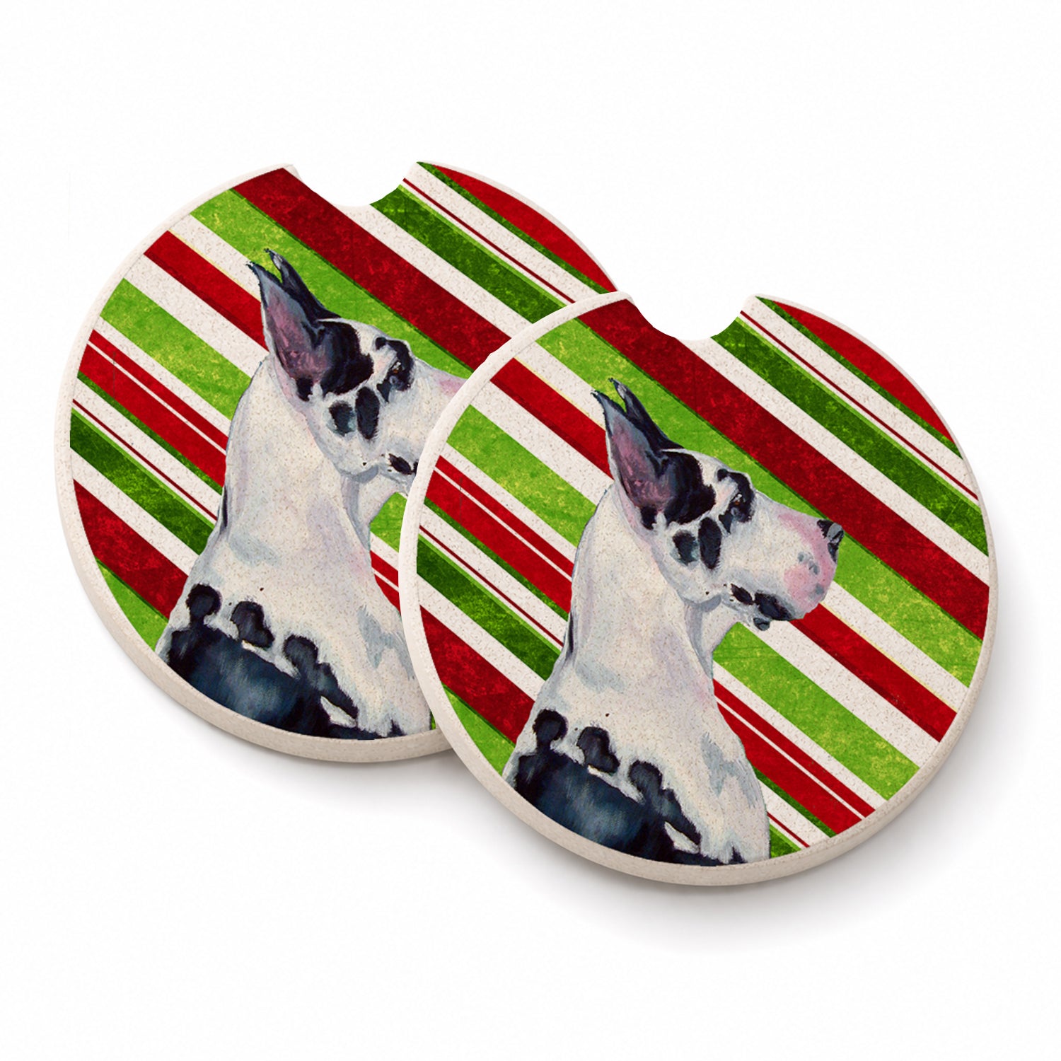 Great Dane Candy Cane Holiday Christmas Set of 2 Cup Holder Car Coasters Absorbent Round Sandstone Coasters Gifts for Men or Women, 2.5, Multicolor