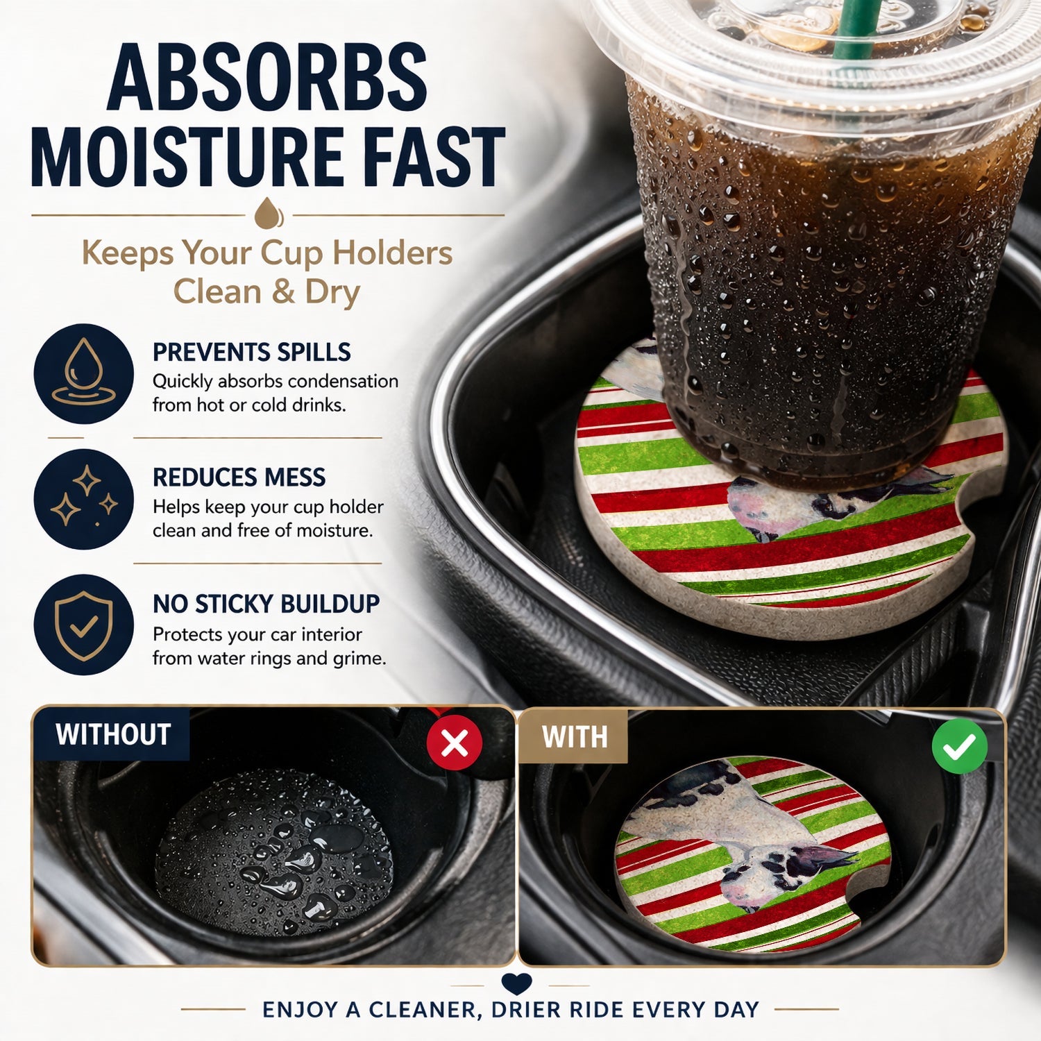 Great Dane Candy Cane Holiday Christmas Set of 2 Cup Holder Car Coasters Absorbent Round Sandstone Coasters Gifts for Men or Women, 2.5, Multicolor