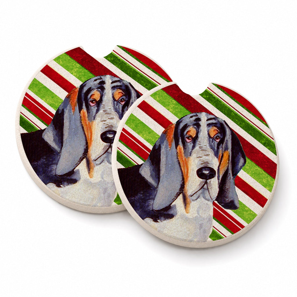 Basset Hound Candy Cane Holiday Christmas Set of 2 Cup Holder Car Coasters Absorbent Round Sandstone Coasters Gifts for Men or Women, 2.5, Multicolor