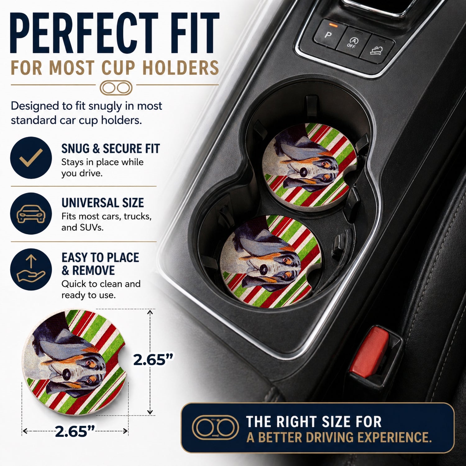 Basset Hound Candy Cane Holiday Christmas Set of 2 Cup Holder Car Coasters Absorbent Round Sandstone Coasters Gifts for Men or Women, 2.5, Multicolor
