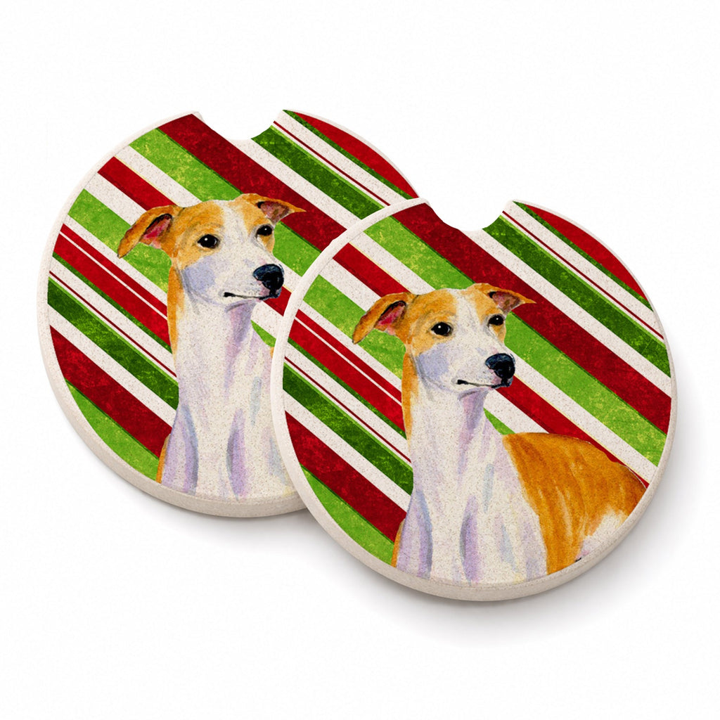 Whippet Candy Cane Holiday Christmas Set of 2 Cup Holder Car Coasters Absorbent Round Sandstone Coasters Gifts for Men or Women, 2.5, Multicolor