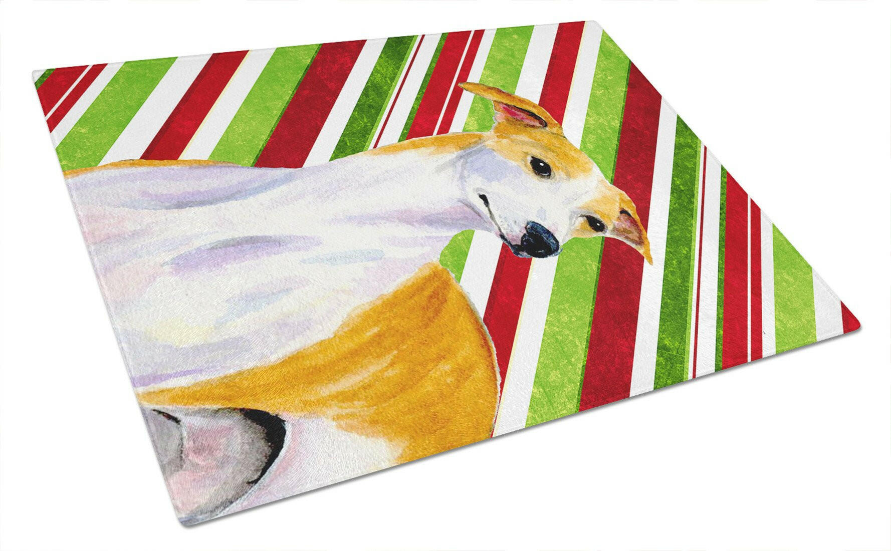 Whippet Candy Cane Holiday Christmas Cutting Board Tempered Glass Kitchen Cutting Surface, Heat Resistant Chopping, Non-Slip Feet, Food Prep & Serving