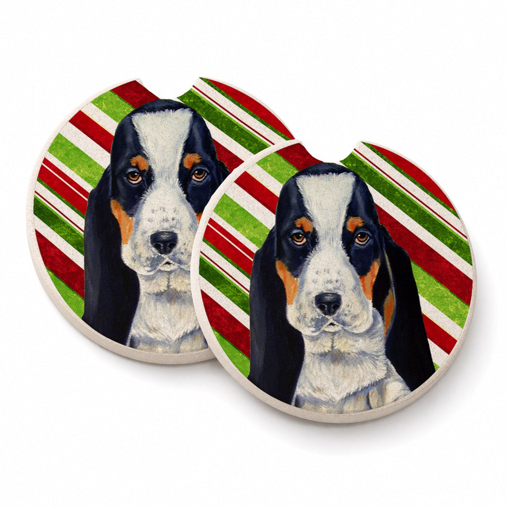 Basset Hound Candy Cane Holiday Christmas Set of 2 Cup Holder Car Coasters Absorbent Round Sandstone Coasters Gifts for Men or Women, 2.5, Multicolor