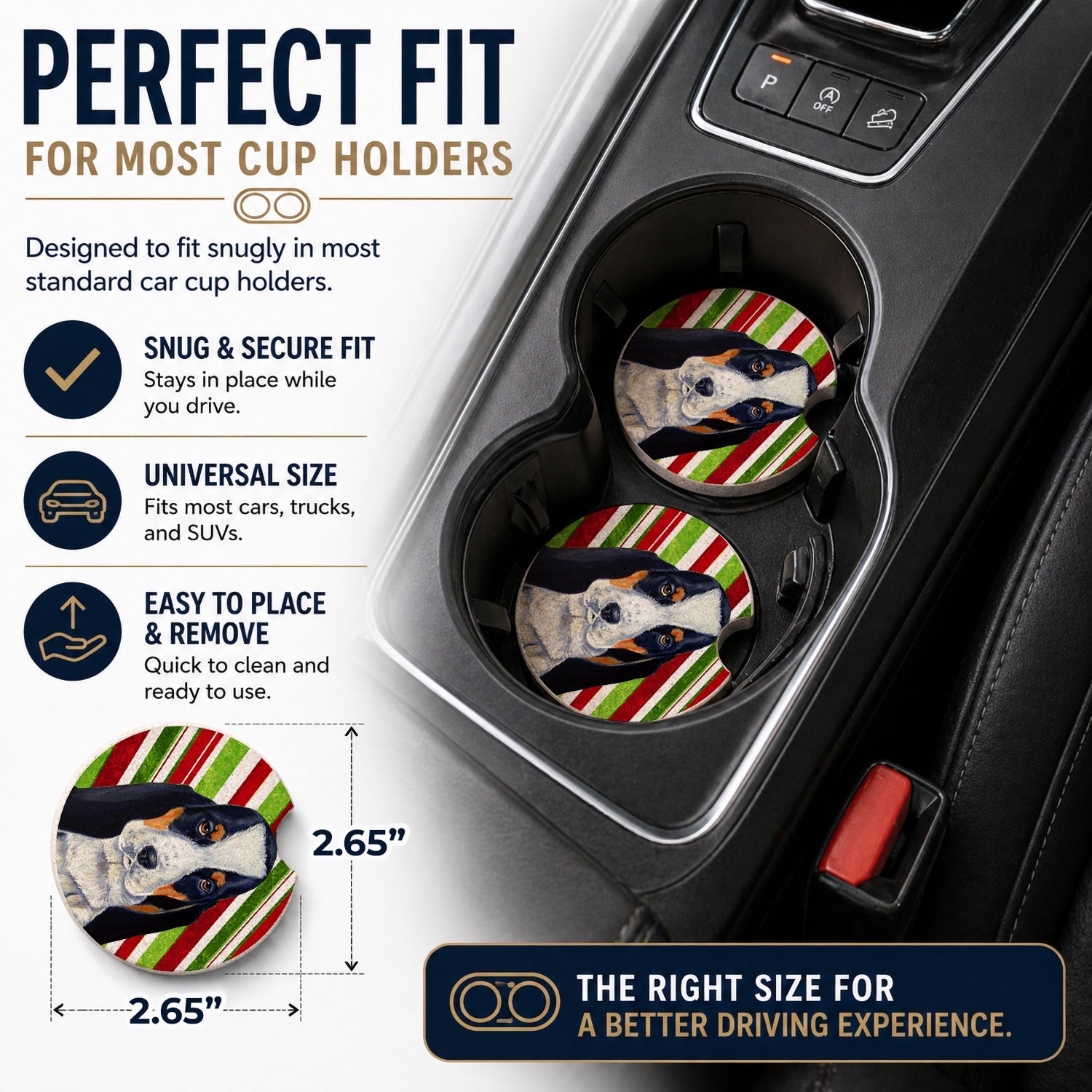 Basset Hound Candy Cane Holiday Christmas Set of 2 Cup Holder Car Coasters Absorbent Round Sandstone Coasters Gifts for Men or Women, 2.5, Multicolor