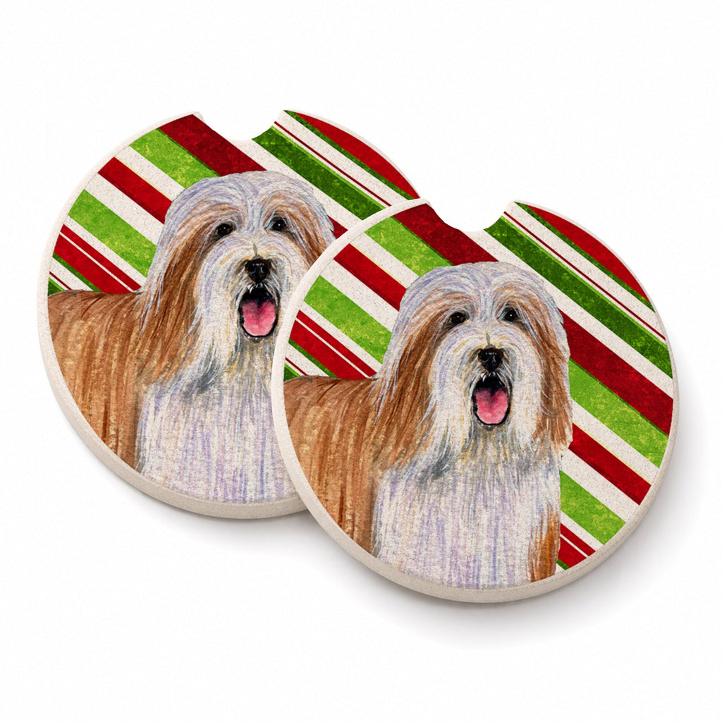 Bearded Collie Candy Cane Holiday Christmas Set of 2 Cup Holder Car Coasters Absorbent Round Sandstone Coasters Gifts for Men or Women, 2.5, Multicolor