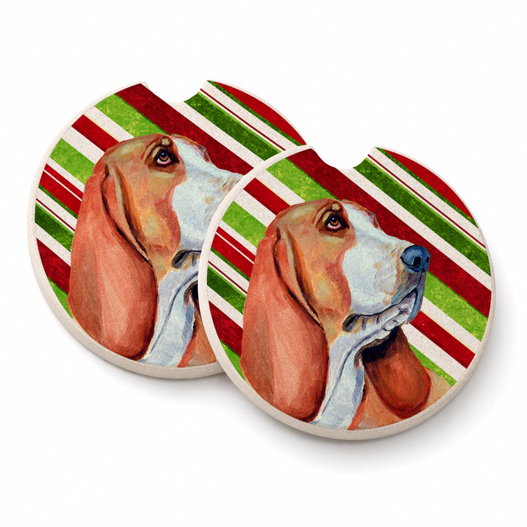 Basset Hound Candy Cane Holiday Christmas Set of 2 Cup Holder Car Coasters Absorbent Round Sandstone Coasters Gifts for Men or Women, 2.5, Multicolor