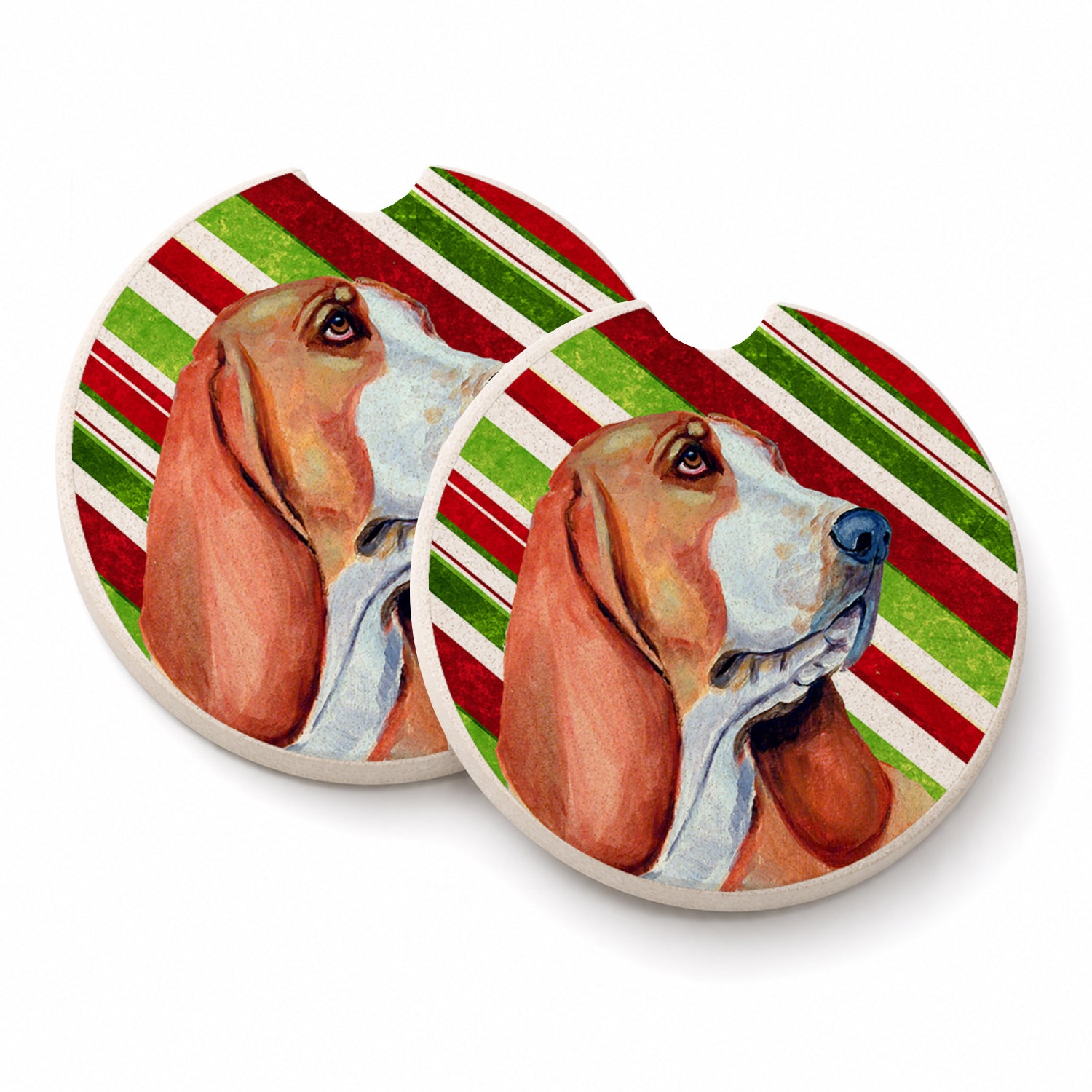 Basset Hound Candy Cane Holiday Christmas Set of 2 Cup Holder Car Coasters Absorbent Round Sandstone Coasters Gifts for Men or Women, 2.5, Multicolor