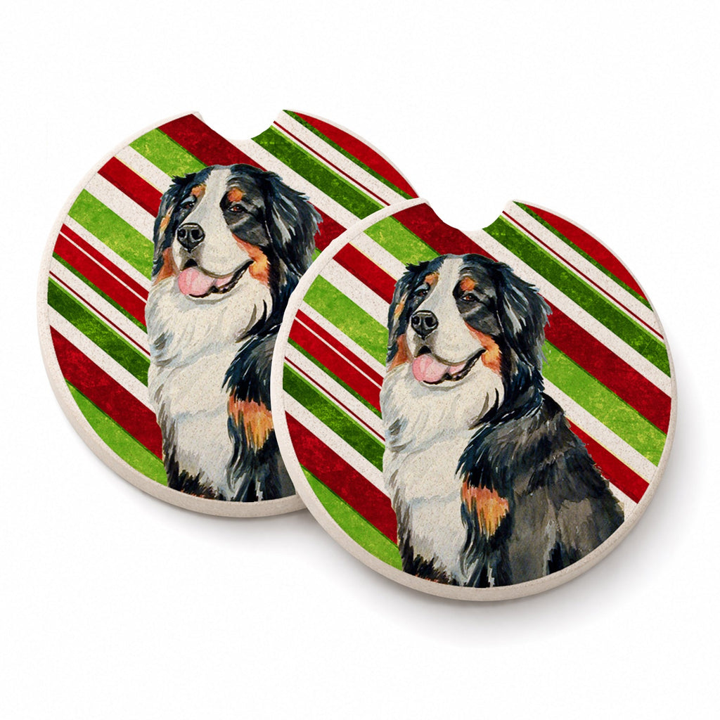 Bernese Mountain Dog Candy Cane Holiday Christmas Set of 2 Cup Holder Car Coasters Absorbent Round Sandstone Coasters Gifts for Men or Women, 2.5, Multicolor