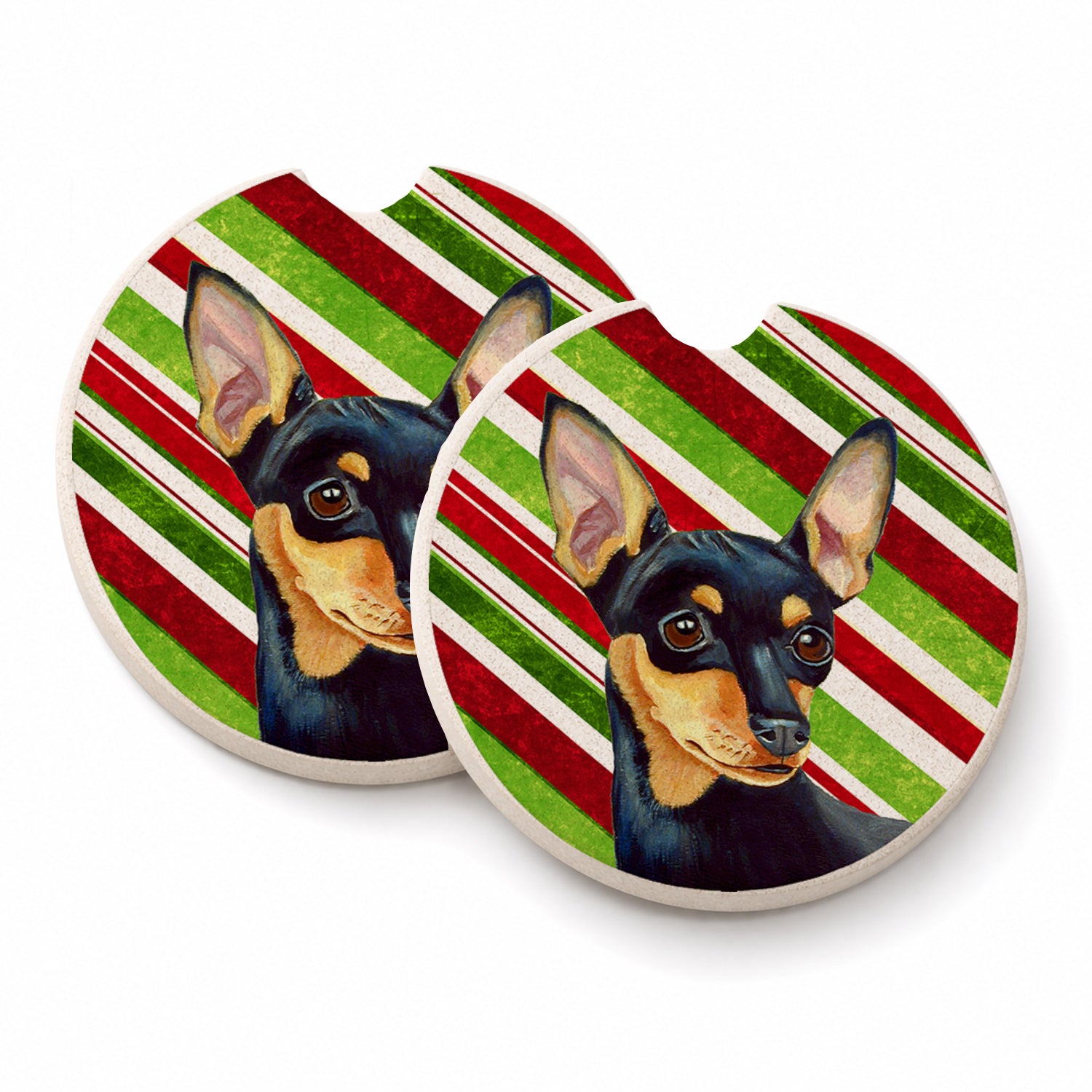 Min Pin Candy Cane Holiday Christmas Set of 2 Cup Holder Car Coasters Absorbent Round Sandstone Coasters Gifts for Men or Women, 2.5, Multicolor