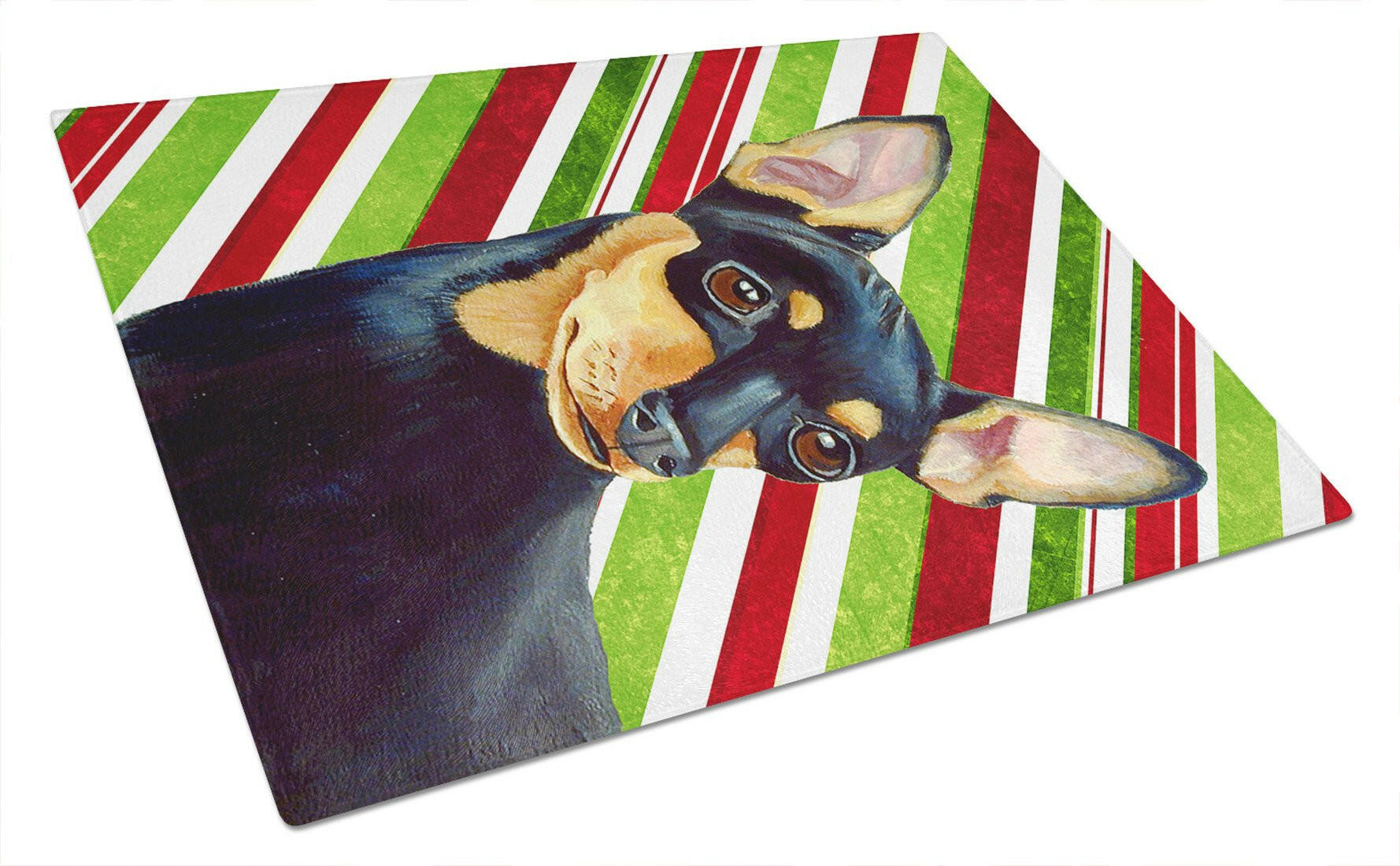 Min Pin Candy Cane Holiday Christmas Cutting Board Tempered Glass Kitchen Cutting Surface, Heat Resistant Chopping, Non-Slip Feet, Food Prep & Serving