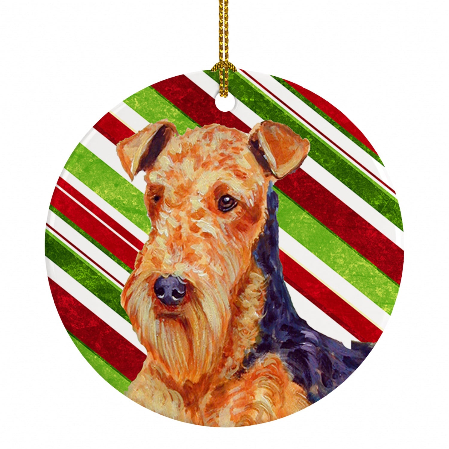 Airedale Candy Cane Holiday Christmas Ceramic Ornament Christmas Tree Hanging Decorations for Home Christmas Holiday, Party, Gift, 3 in, Multicolor