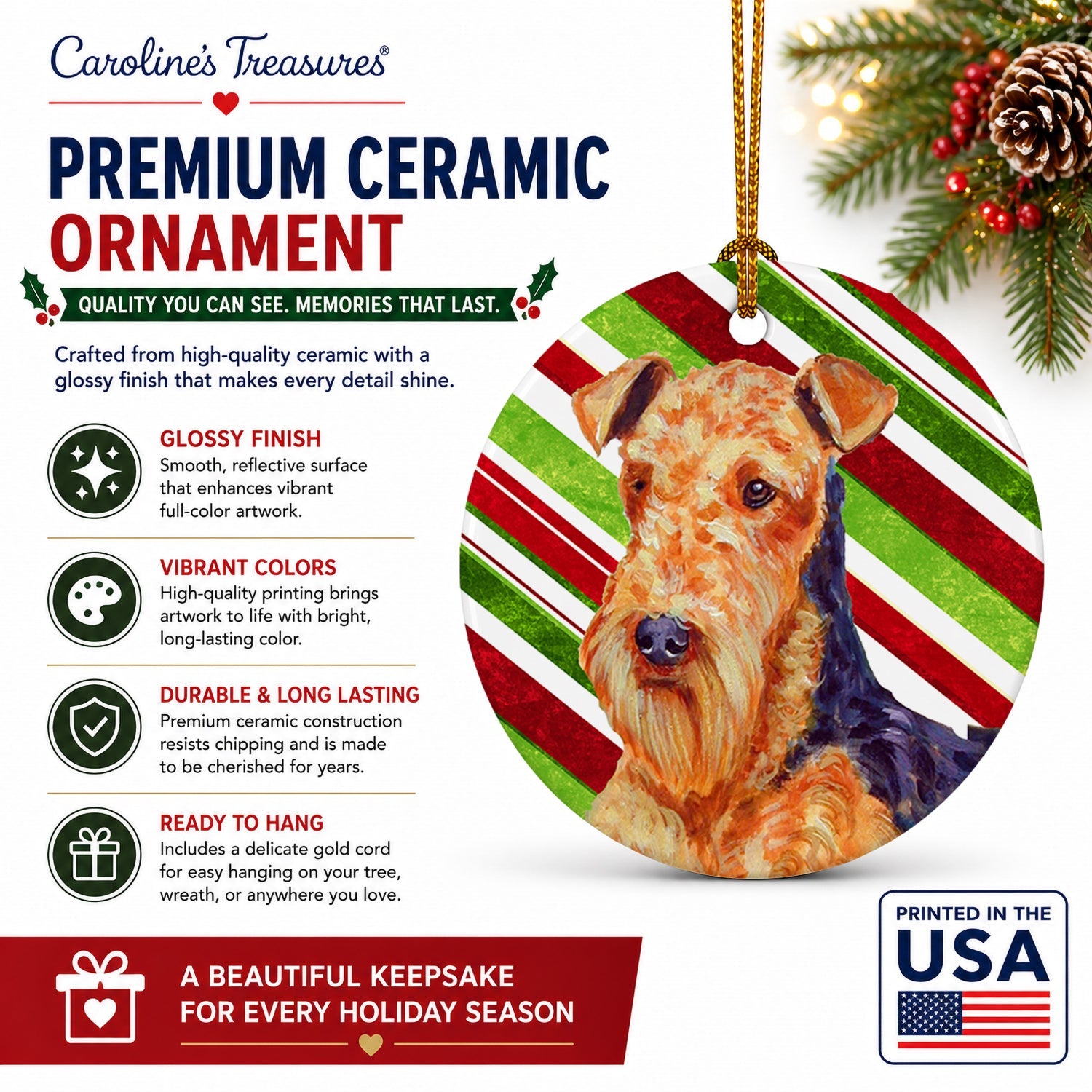 Airedale Candy Cane Holiday Christmas Ceramic Ornament Christmas Tree Hanging Decorations for Home Christmas Holiday, Party, Gift, 3 in, Multicolor