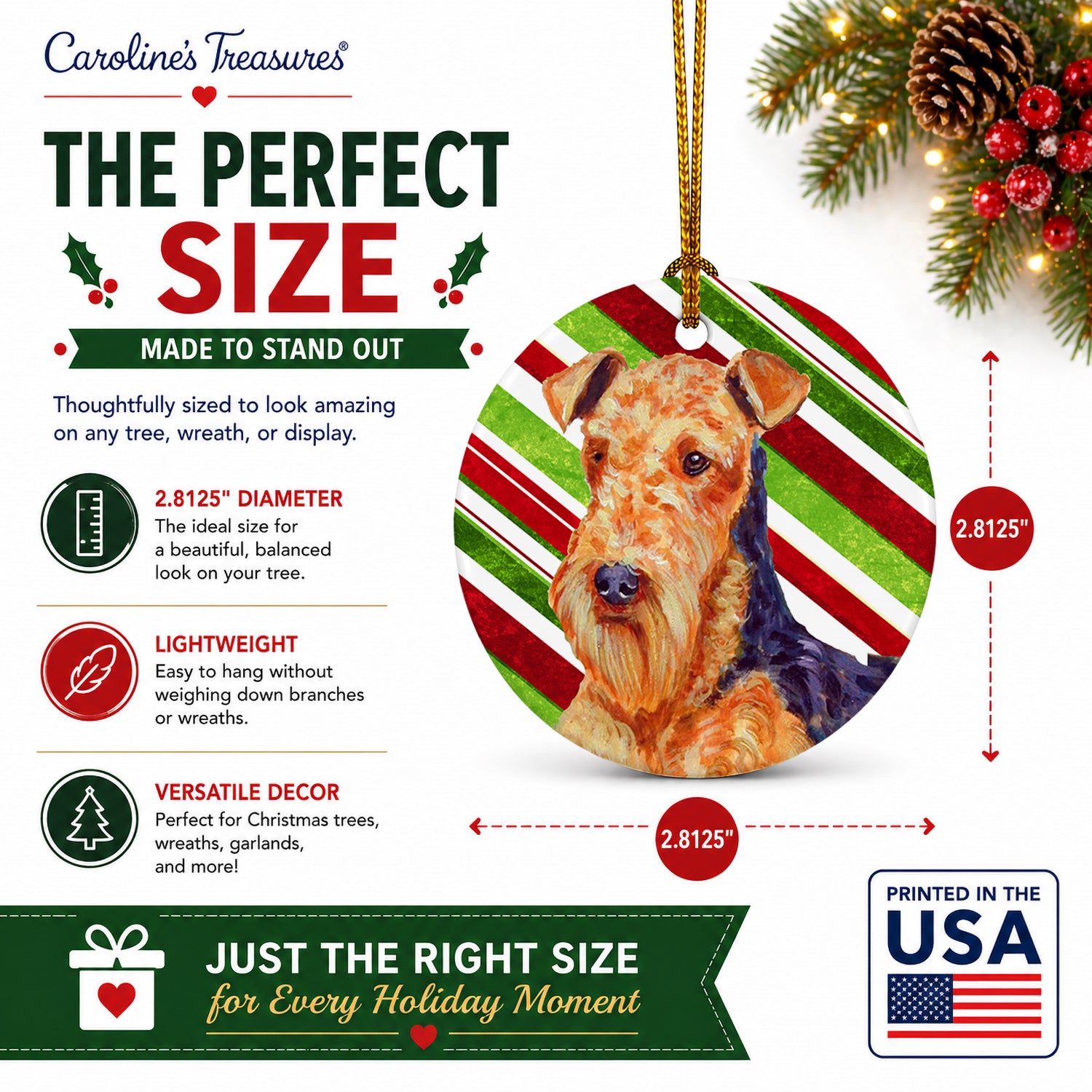 Airedale Candy Cane Holiday Christmas Ceramic Ornament Christmas Tree Hanging Decorations for Home Christmas Holiday, Party, Gift, 3 in, Multicolor