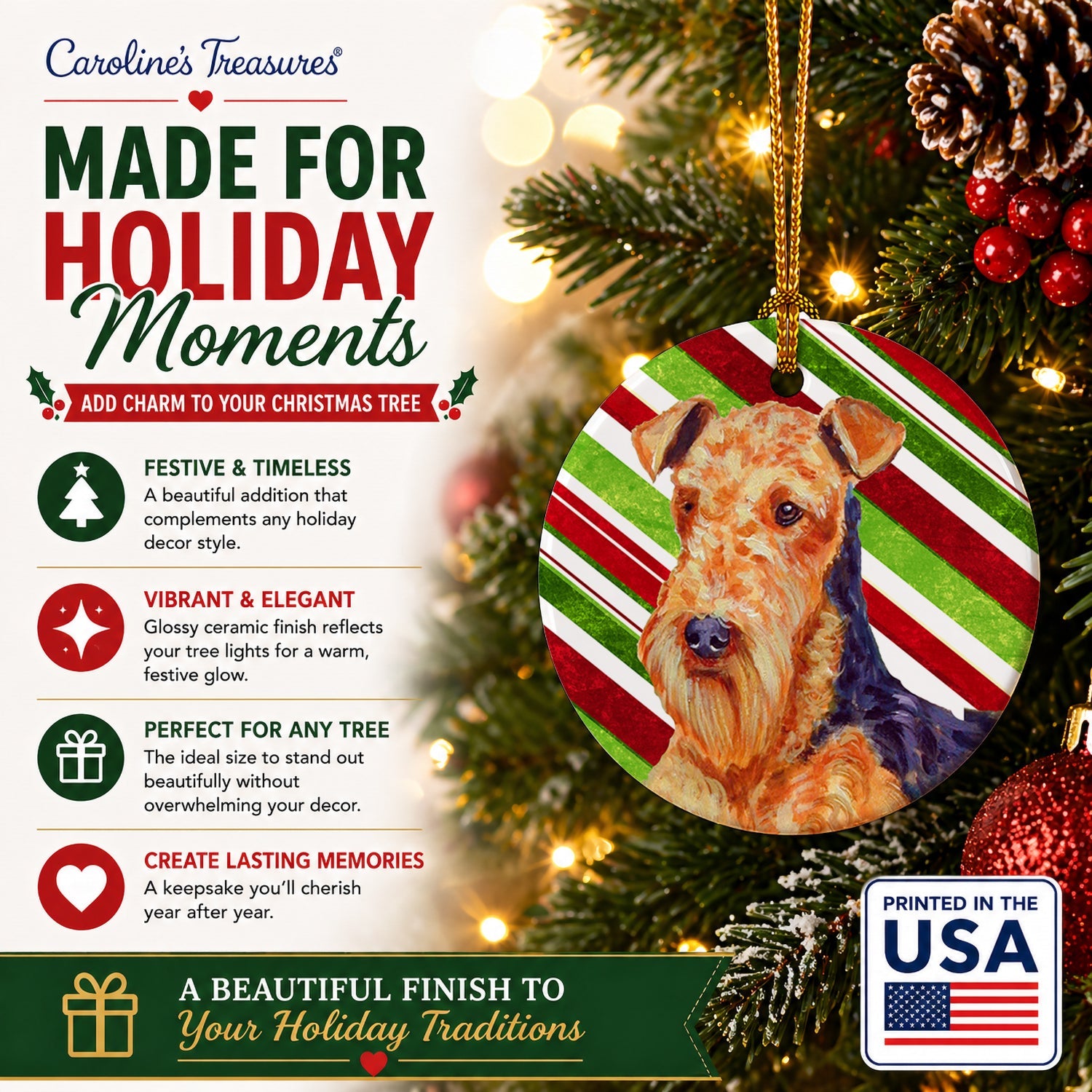 Airedale Candy Cane Holiday Christmas Ceramic Ornament Christmas Tree Hanging Decorations for Home Christmas Holiday, Party, Gift, 3 in, Multicolor