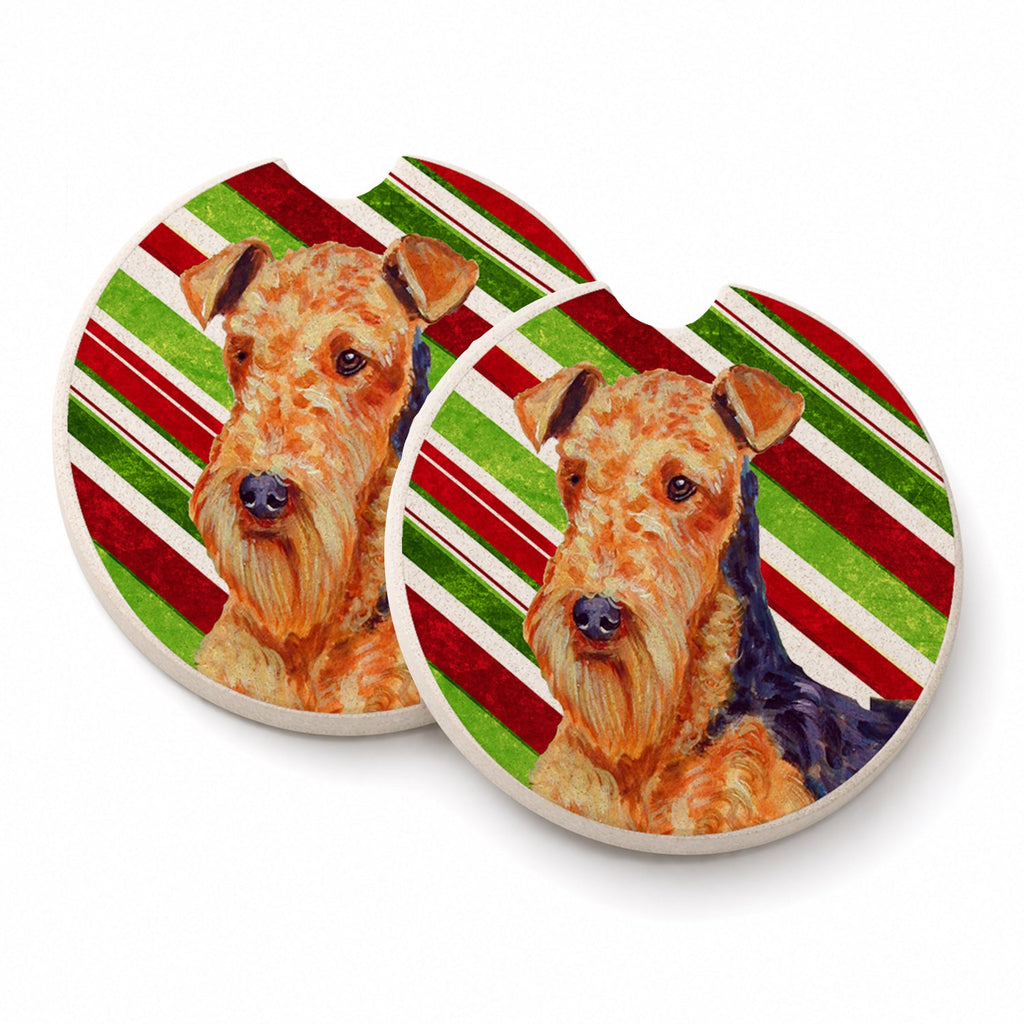 Airedale Candy Cane Holiday Christmas Set of 2 Cup Holder Car Coasters Absorbent Round Sandstone Coasters Gifts for Men or Women, 2.5, Multicolor