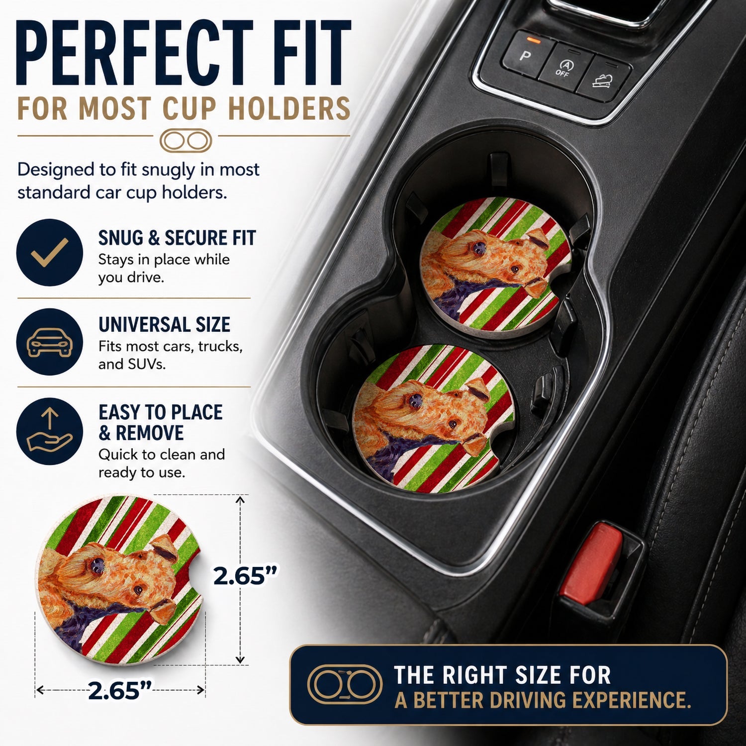 Airedale Candy Cane Holiday Christmas Set of 2 Cup Holder Car Coasters Absorbent Round Sandstone Coasters Gifts for Men or Women, 2.5, Multicolor