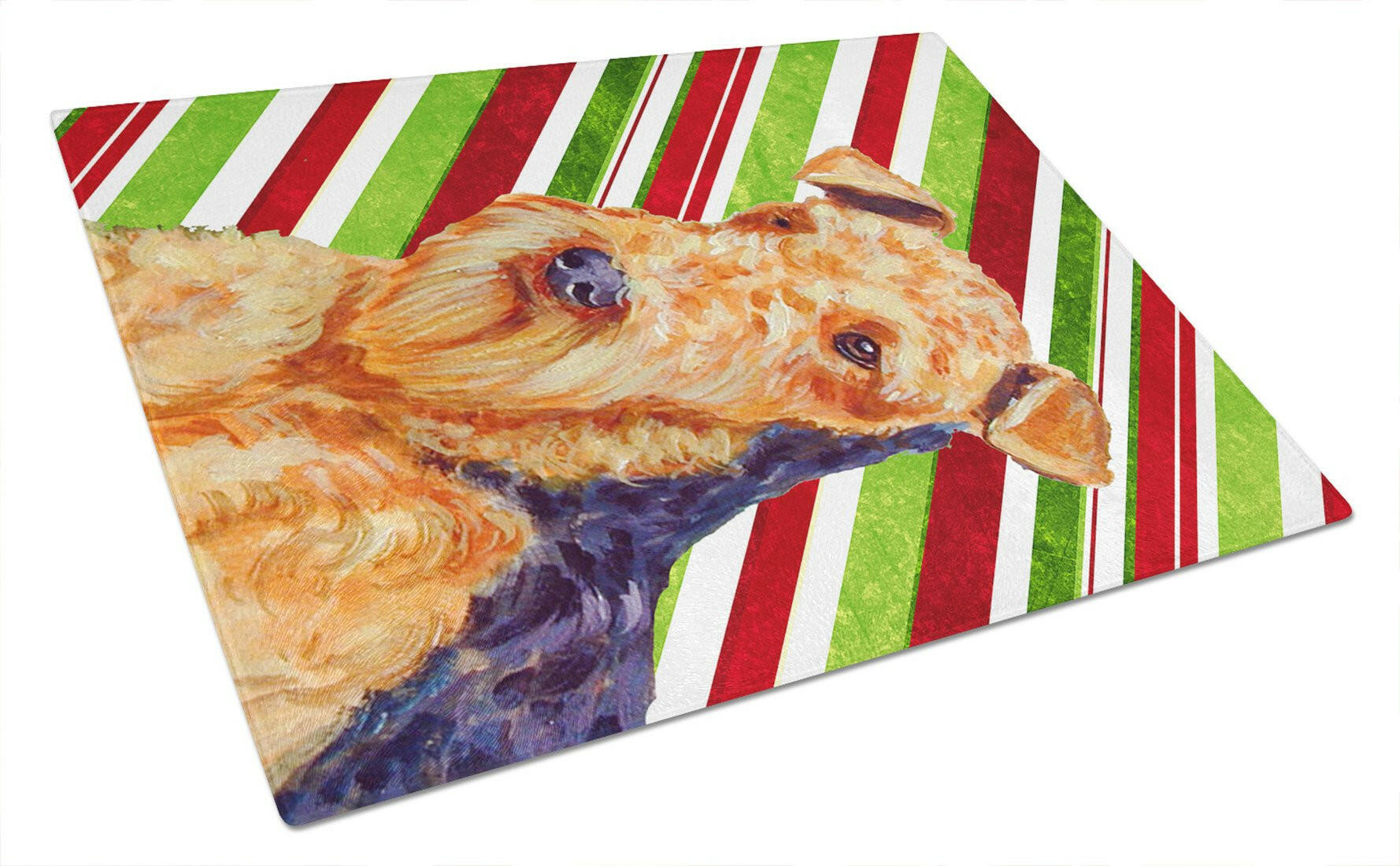 Airedale Candy Cane Holiday Christmas Cutting Board Tempered Glass Kitchen Cutting Surface, Heat Resistant Chopping, Non-Slip Feet, Food Prep & Serving