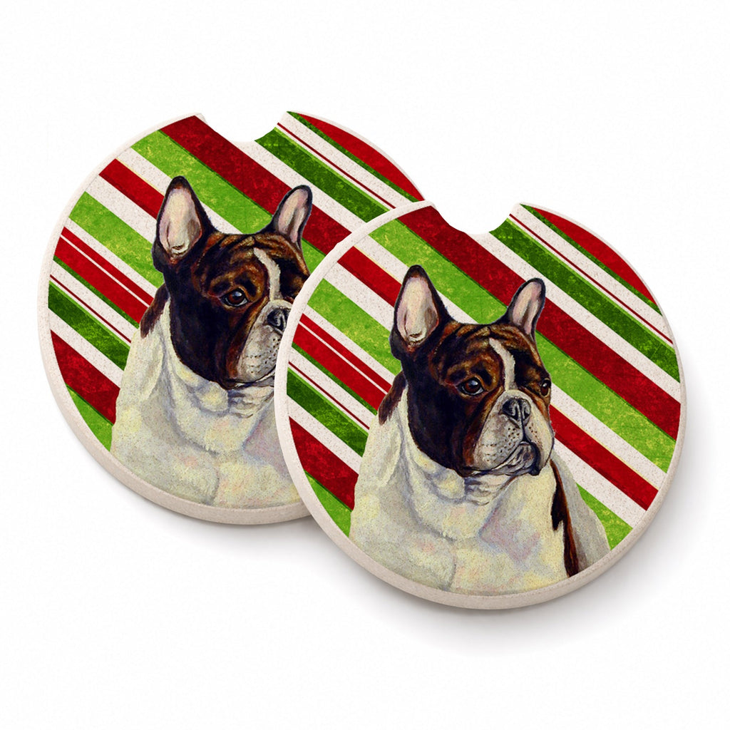 French Bulldog Candy Cane Holiday Christmas Set of 2 Cup Holder Car Coasters Absorbent Round Sandstone Coasters Gifts for Men or Women, 2.5, Multicolor