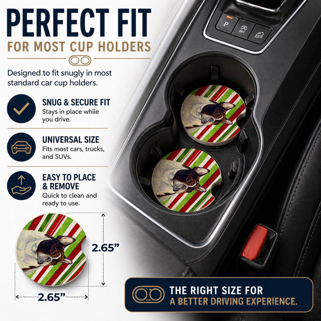 French Bulldog Candy Cane Holiday Christmas Set of 2 Cup Holder Car Coasters Absorbent Round Sandstone Coasters Gifts for Men or Women, 2.5, Multicolor