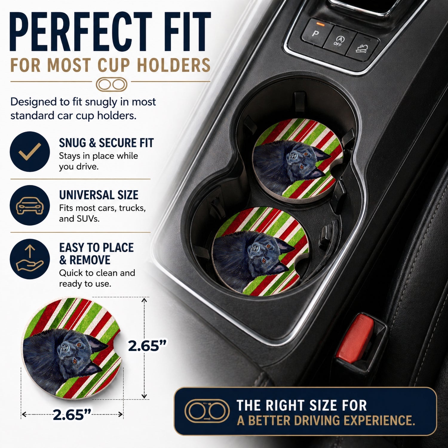 Schipperke Candy Cane Holiday Christmas Set of 2 Cup Holder Car Coasters Absorbent Round Sandstone Coasters Gifts for Men or Women, 2.5, Multicolor