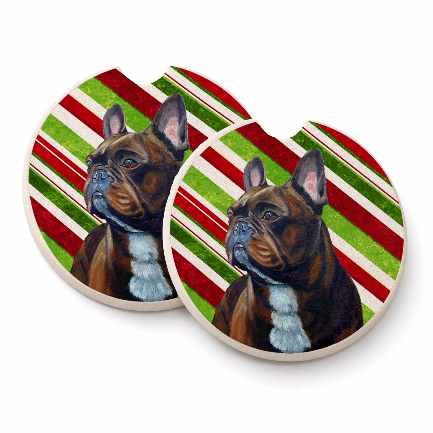 French Bulldog Candy Cane Holiday Christmas Set of 2 Cup Holder Car Coasters Absorbent Round Sandstone Coasters Gifts for Men or Women, 2.5, Multicolor