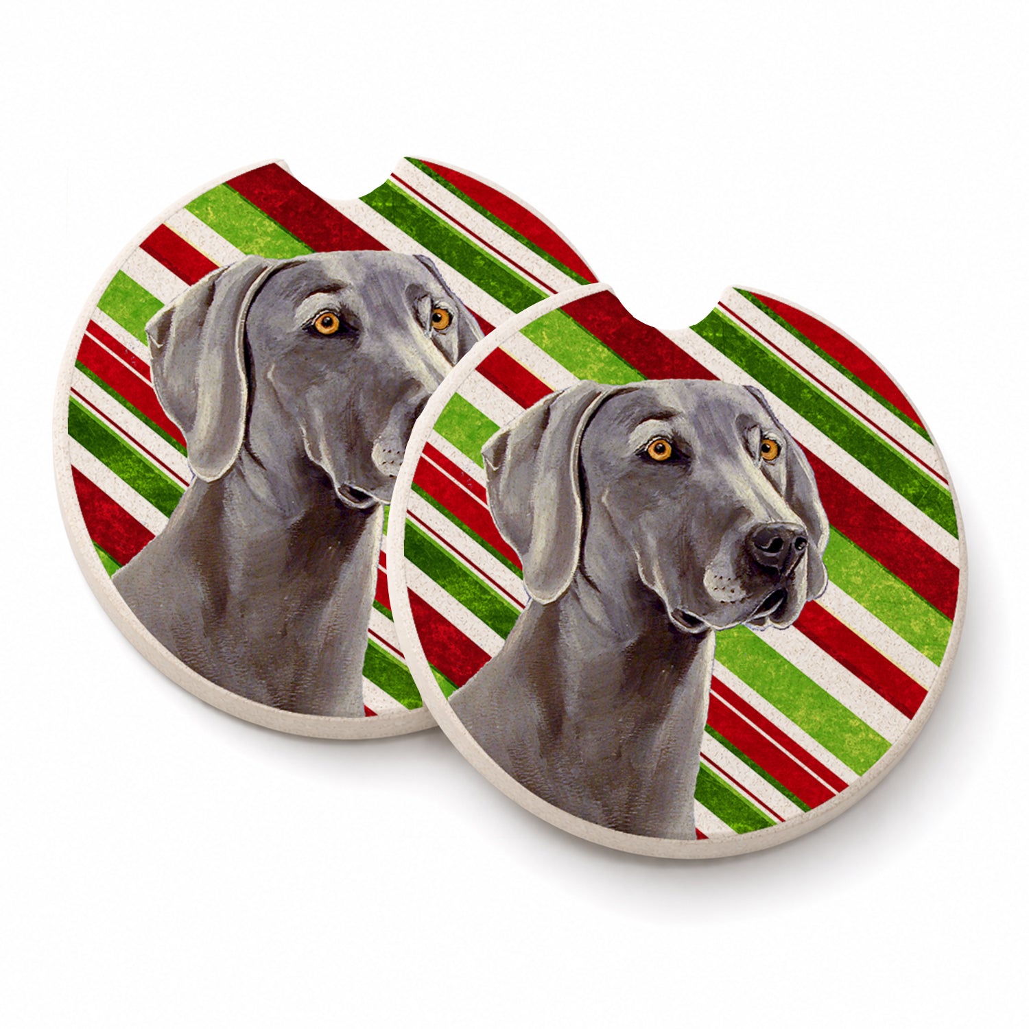 Weimaraner Candy Cane Holiday Christmas Set of 2 Cup Holder Car Coasters Absorbent Round Sandstone Coasters Gifts for Men or Women, 2.5, Multicolor