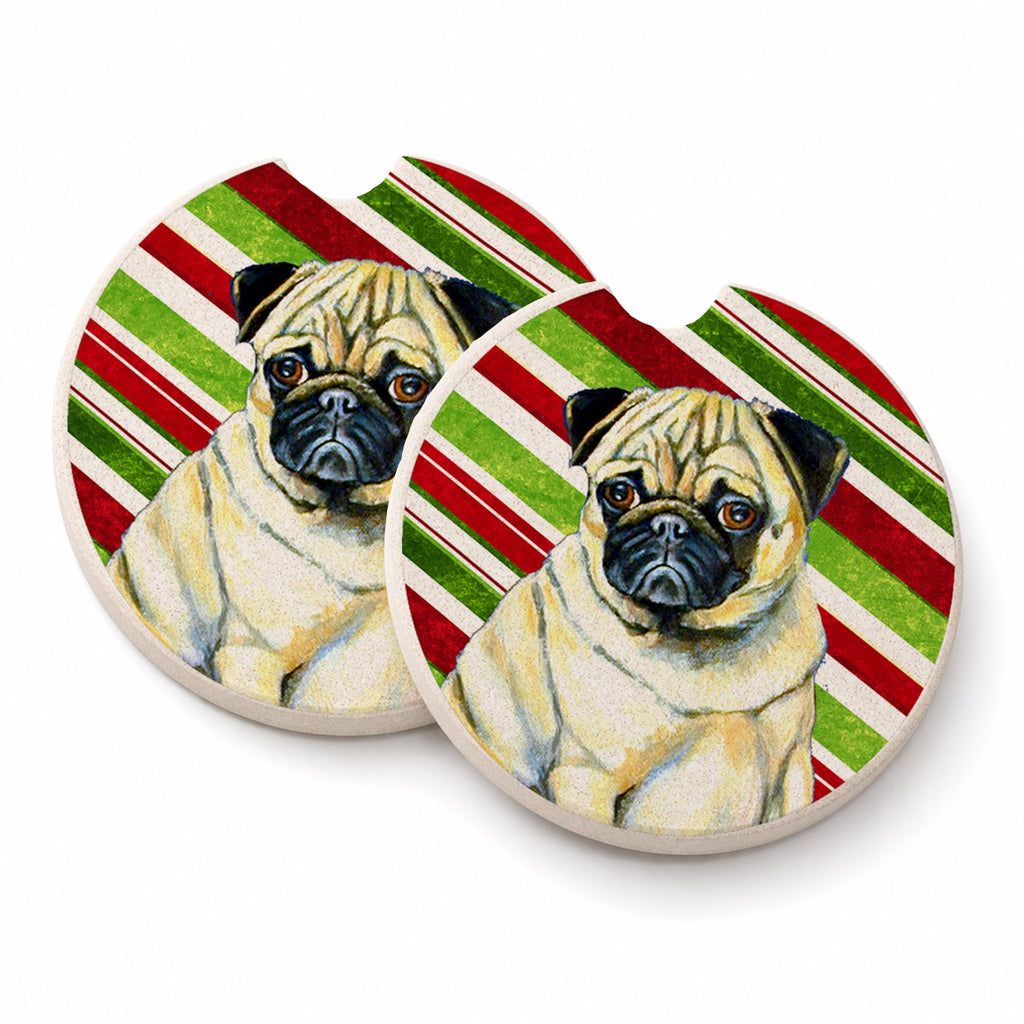 Pug Candy Cane Holiday Christmas Set of 2 Cup Holder Car Coasters Absorbent Round Sandstone Coasters Gifts for Men or Women, 2.5, Multicolor