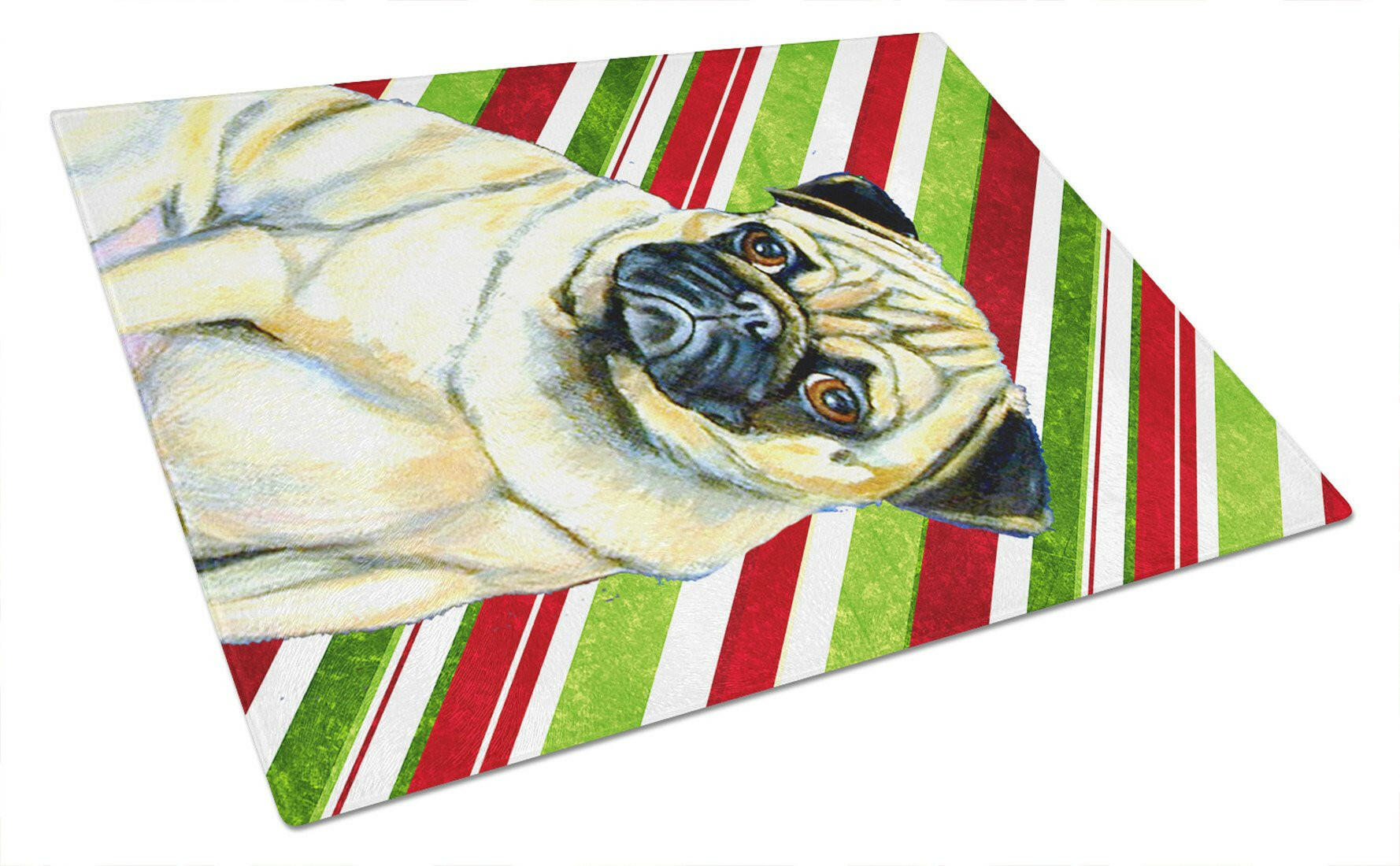 Pug Candy Cane Holiday Christmas Cutting Board Tempered Glass Kitchen Cutting Surface, Heat Resistant Chopping, Non-Slip Feet, Food Prep & Serving