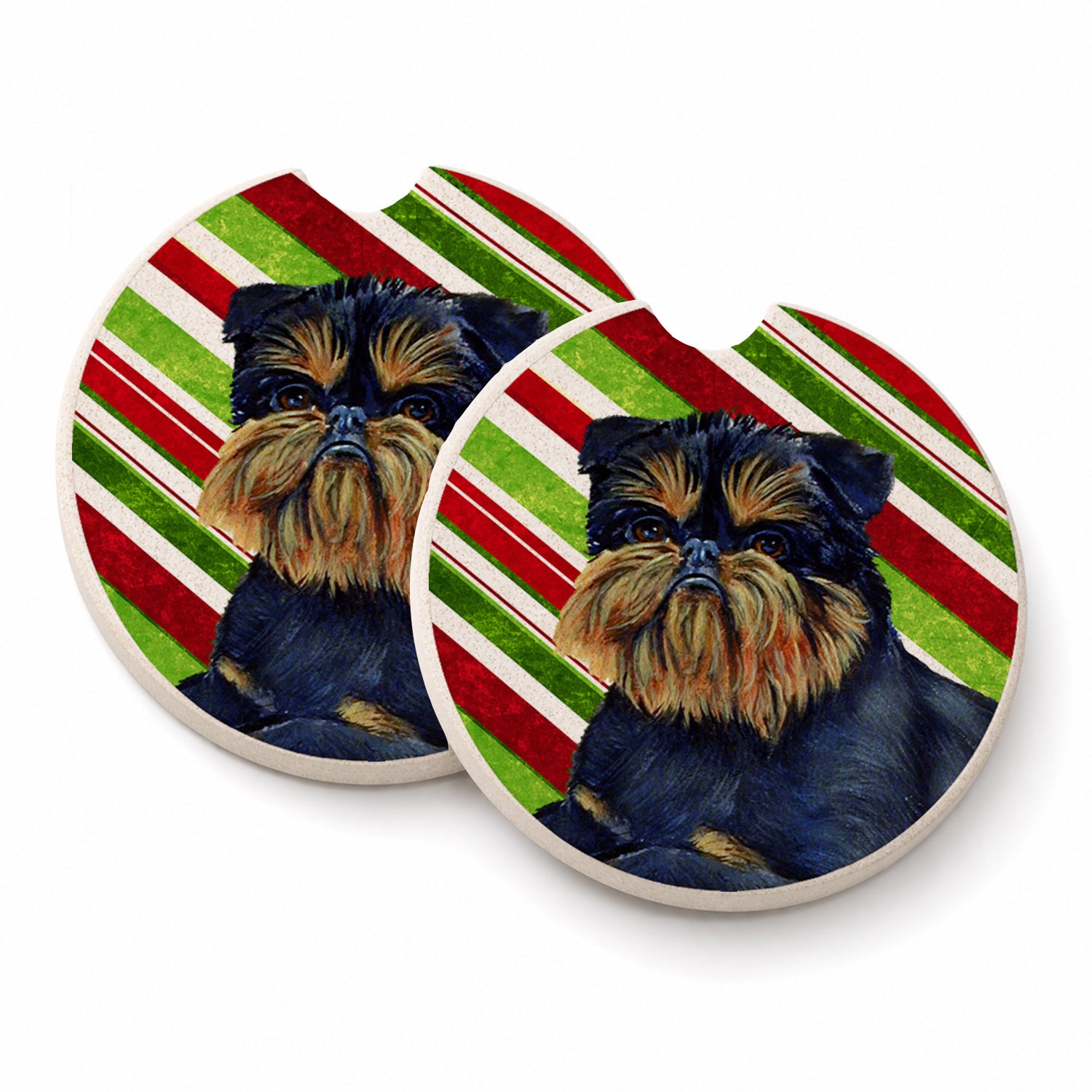 Brussels Griffon Candy Cane Holiday Christmas Set of 2 Cup Holder Car Coasters Absorbent Round Sandstone Coasters Gifts for Men or Women, 2.5, Multicolor