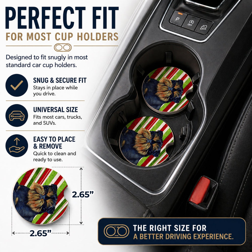 Brussels Griffon Candy Cane Holiday Christmas Set of 2 Cup Holder Car Coasters Absorbent Round Sandstone Coasters Gifts for Men or Women, 2.5, Multicolor