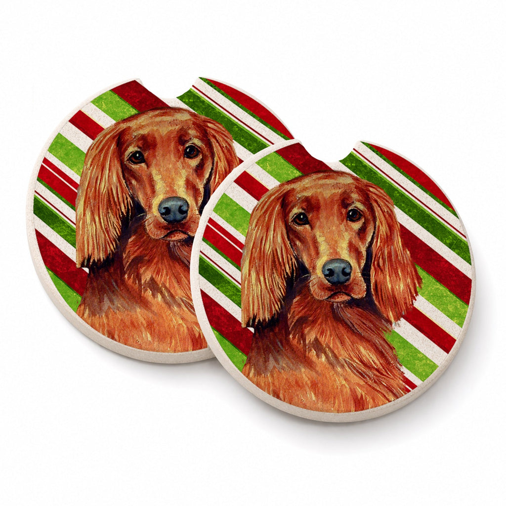 Irish Setter Candy Cane Holiday Christmas Set of 2 Cup Holder Car Coasters Absorbent Round Sandstone Coasters Gifts for Men or Women, 2.5, Multicolor