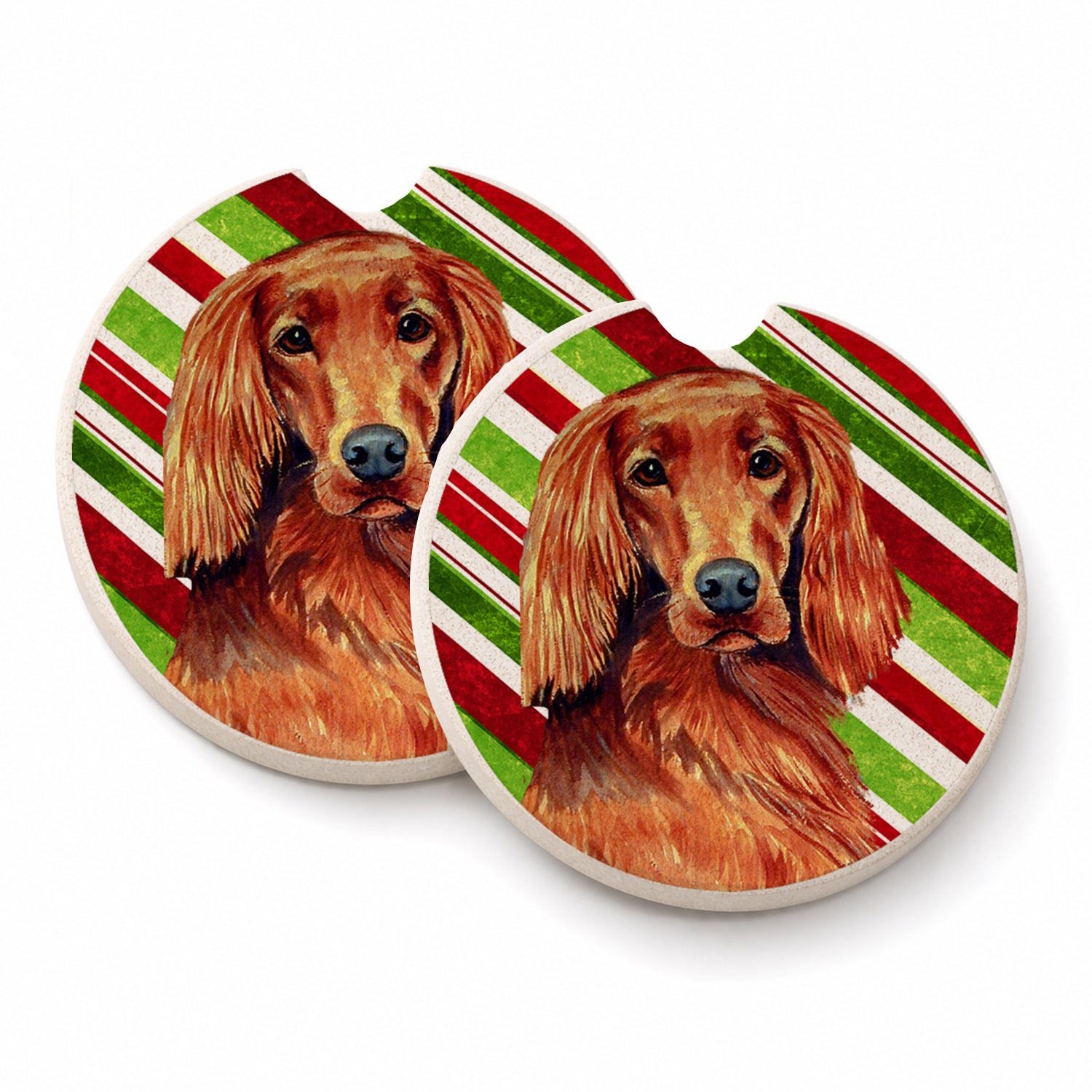 Irish Setter Candy Cane Holiday Christmas Set of 2 Cup Holder Car Coasters Absorbent Round Sandstone Coasters Gifts for Men or Women, 2.5, Multicolor