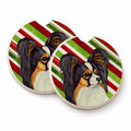 Papillon Candy Cane Holiday Christmas Set of 2 Cup Holder Car Coasters Absorbent Round Sandstone Coasters Gifts for Men or Women, 2.5, Multicolor