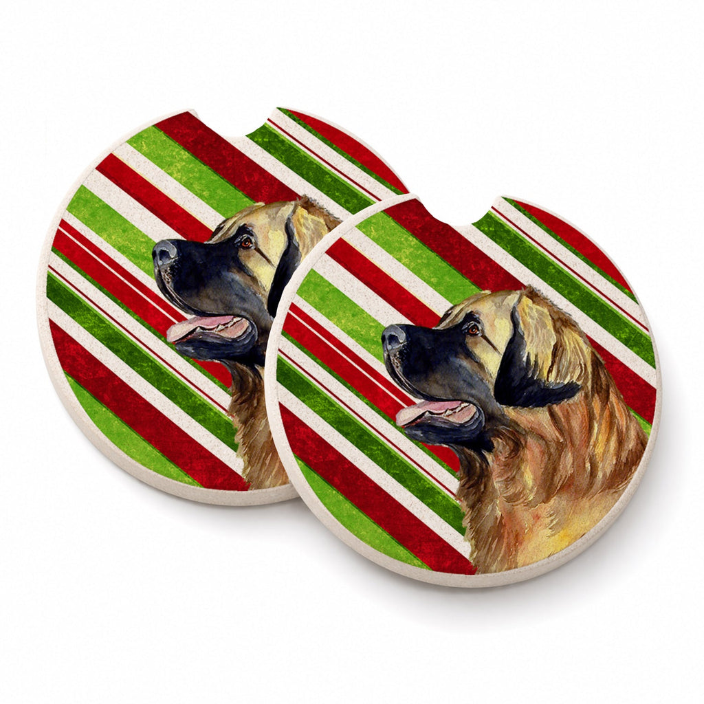 Leonberger Candy Cane Holiday Christmas Set of 2 Cup Holder Car Coasters Absorbent Round Sandstone Coasters Gifts for Men or Women, 2.5, Multicolor