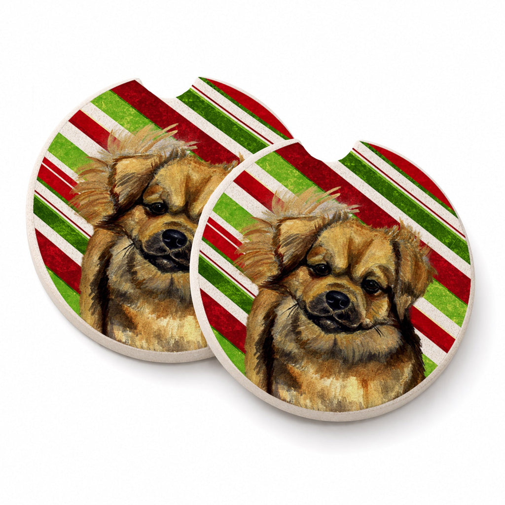 Tibetan Spaniel Candy Cane Holiday Christmas Set of 2 Cup Holder Car Coasters Absorbent Round Sandstone Coasters Gifts for Men or Women, 2.5, Multicolor