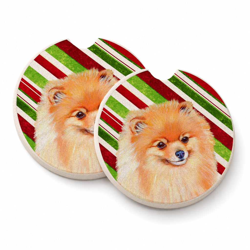 Pomeranian Candy Cane Holiday Christmas Set of 2 Cup Holder Car Coasters Absorbent Round Sandstone Coasters Gifts for Men or Women, 2.5, Multicolor