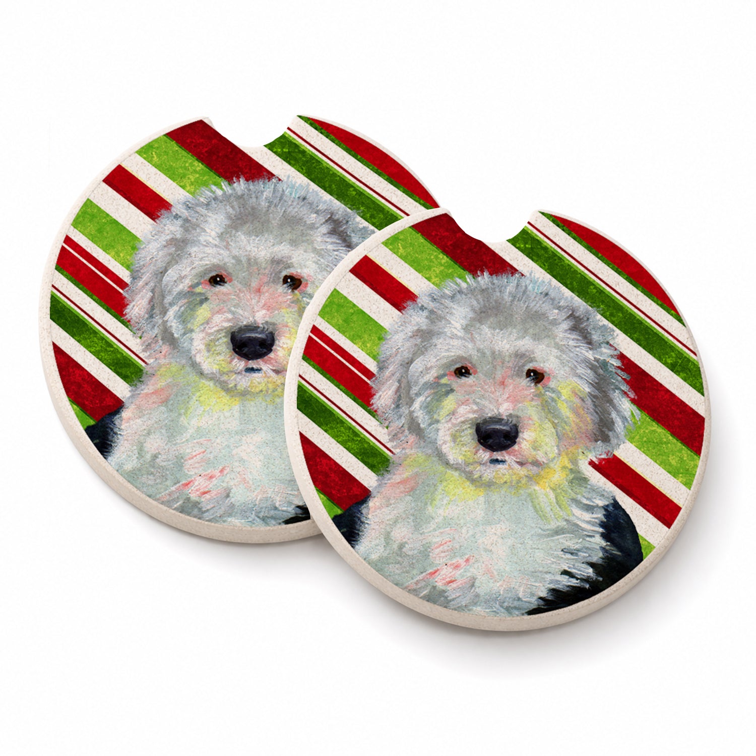 Old English Sheepdog Candy Cane Holiday Christmas Set of 2 Cup Holder Car Coasters Absorbent Round Sandstone Coasters Gifts for Men or Women, 2.5, Multicolor