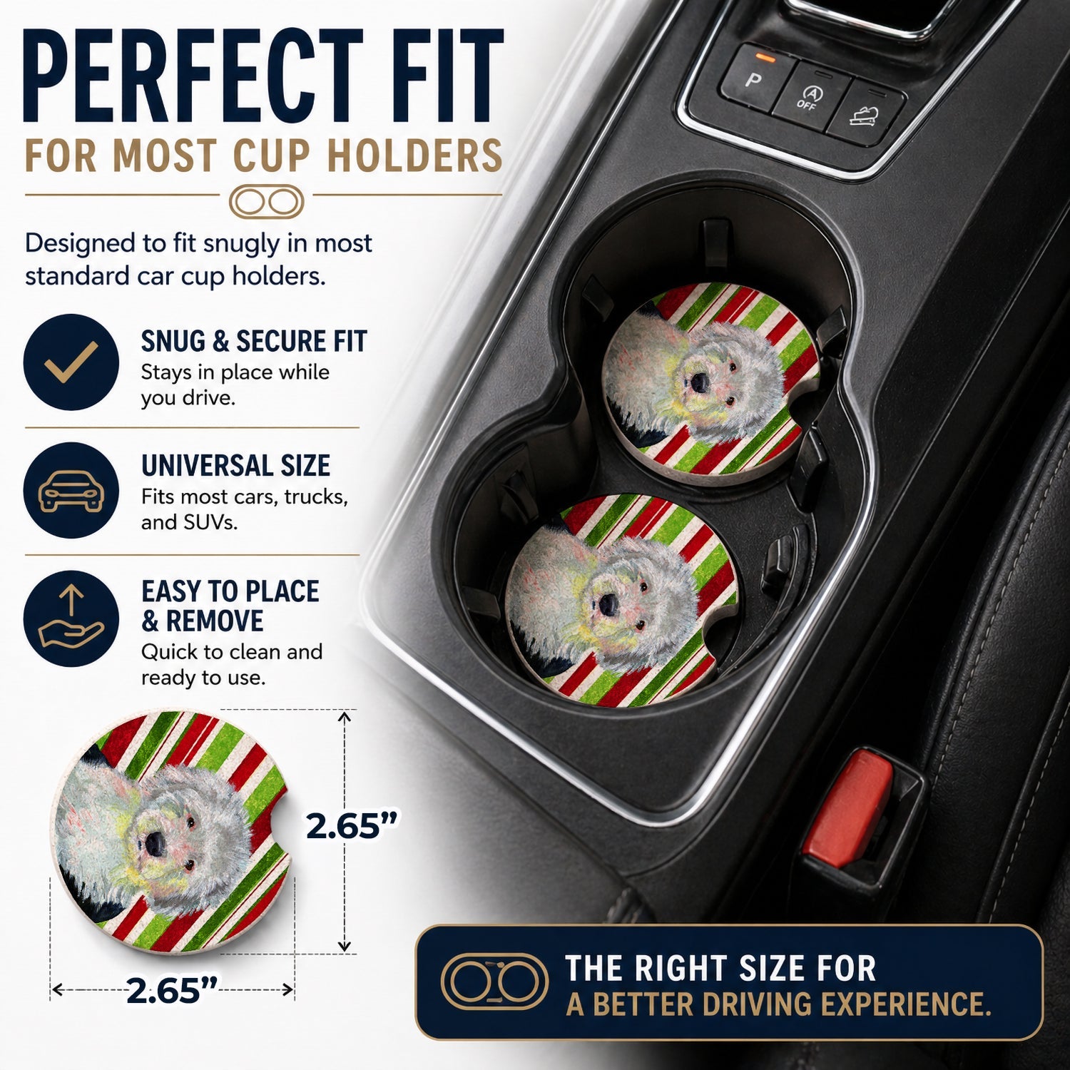Old English Sheepdog Candy Cane Holiday Christmas Set of 2 Cup Holder Car Coasters Absorbent Round Sandstone Coasters Gifts for Men or Women, 2.5, Multicolor