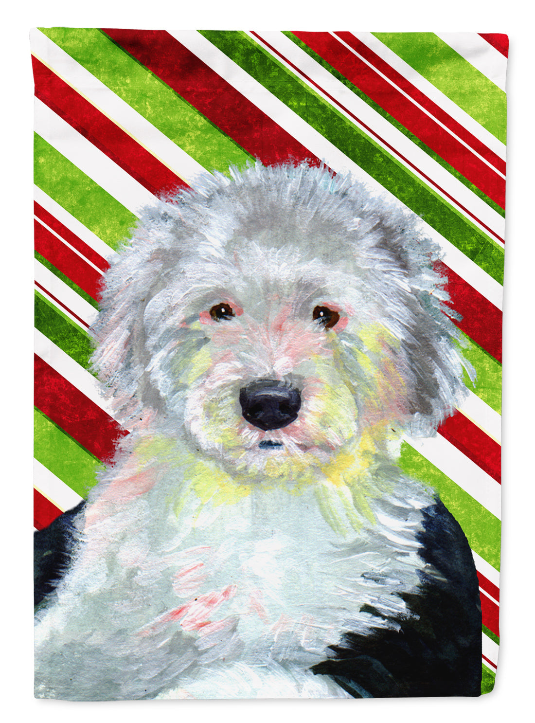 Old English Sheepdog Candy Cane Holiday Christmas House Flag 28x40 Porch Sleeve Pole Decorative Outside Yard Banner Artwork Wall Hanging, Polyester