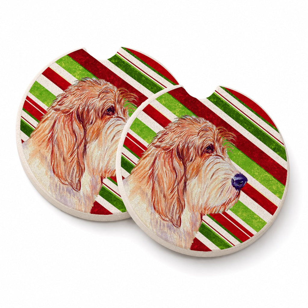 Petit Basset Griffon Vendeen Candy Cane Holiday Christmas Set of 2 Cup Holder Car Coasters Absorbent Round Sandstone Coasters Gifts for Men or Women, 2.5, Multicolor
