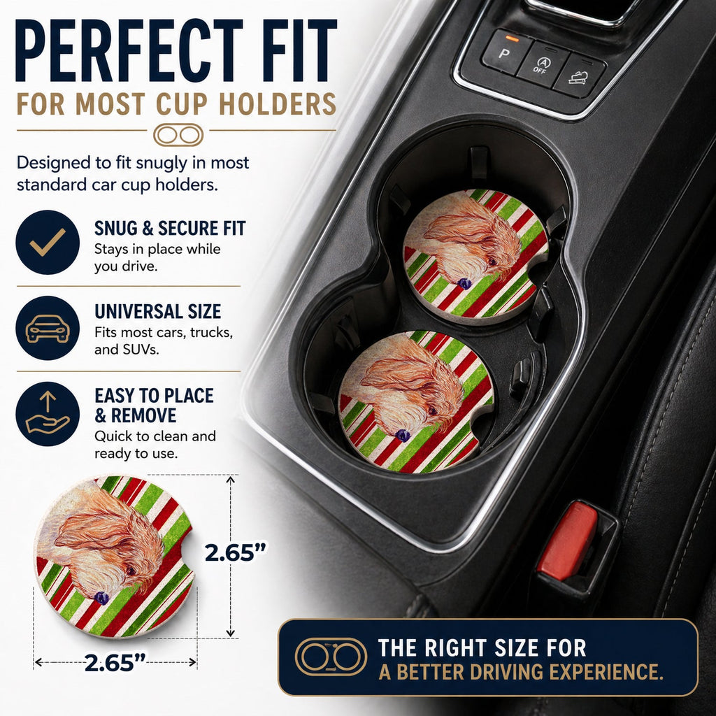 Petit Basset Griffon Vendeen Candy Cane Holiday Christmas Set of 2 Cup Holder Car Coasters Absorbent Round Sandstone Coasters Gifts for Men or Women, 2.5, Multicolor