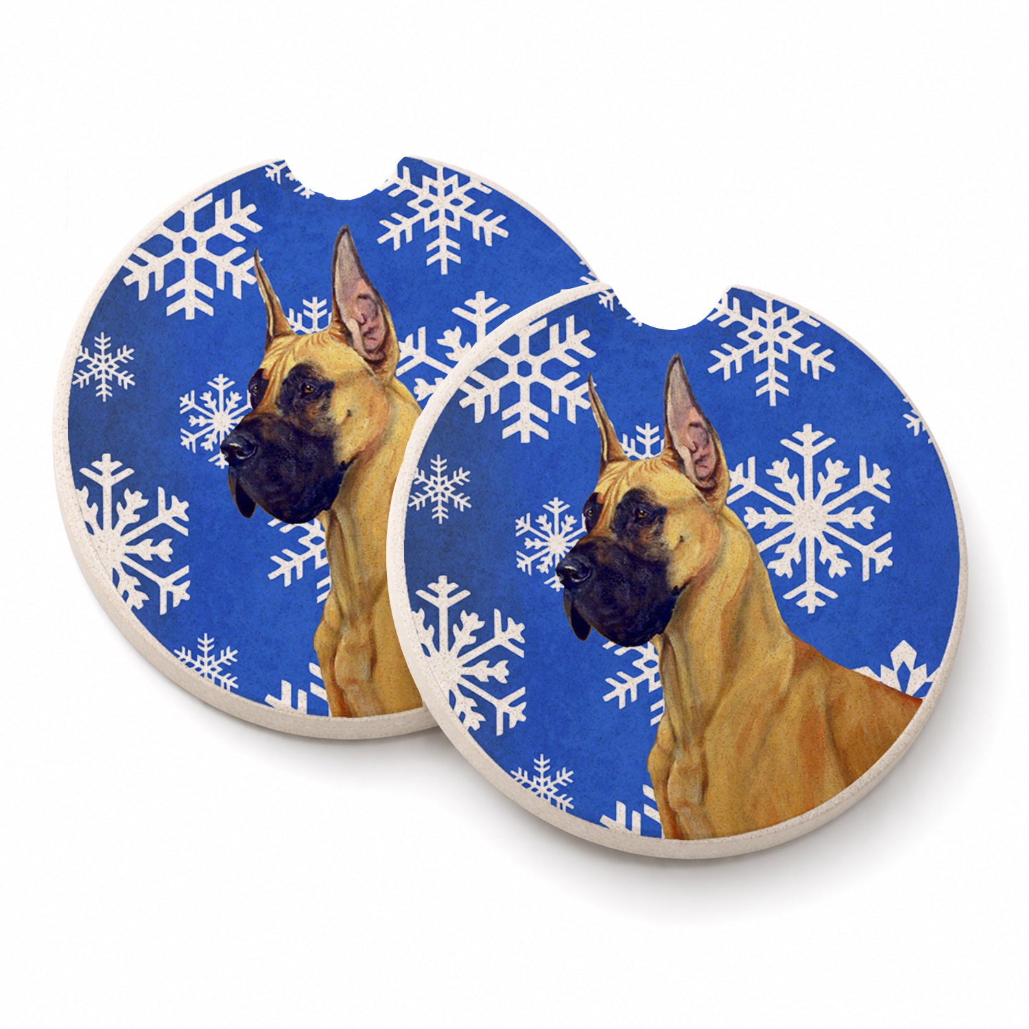 Great Dane Winter Snowflakes Holiday Set of 2 Cup Holder Car Coasters Absorbent Round Sandstone Coasters Gifts for Men or Women, 2.5, Multicolor