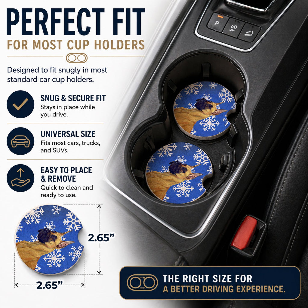 Great Dane Winter Snowflakes Holiday Set of 2 Cup Holder Car Coasters Absorbent Round Sandstone Coasters Gifts for Men or Women, 2.5, Multicolor