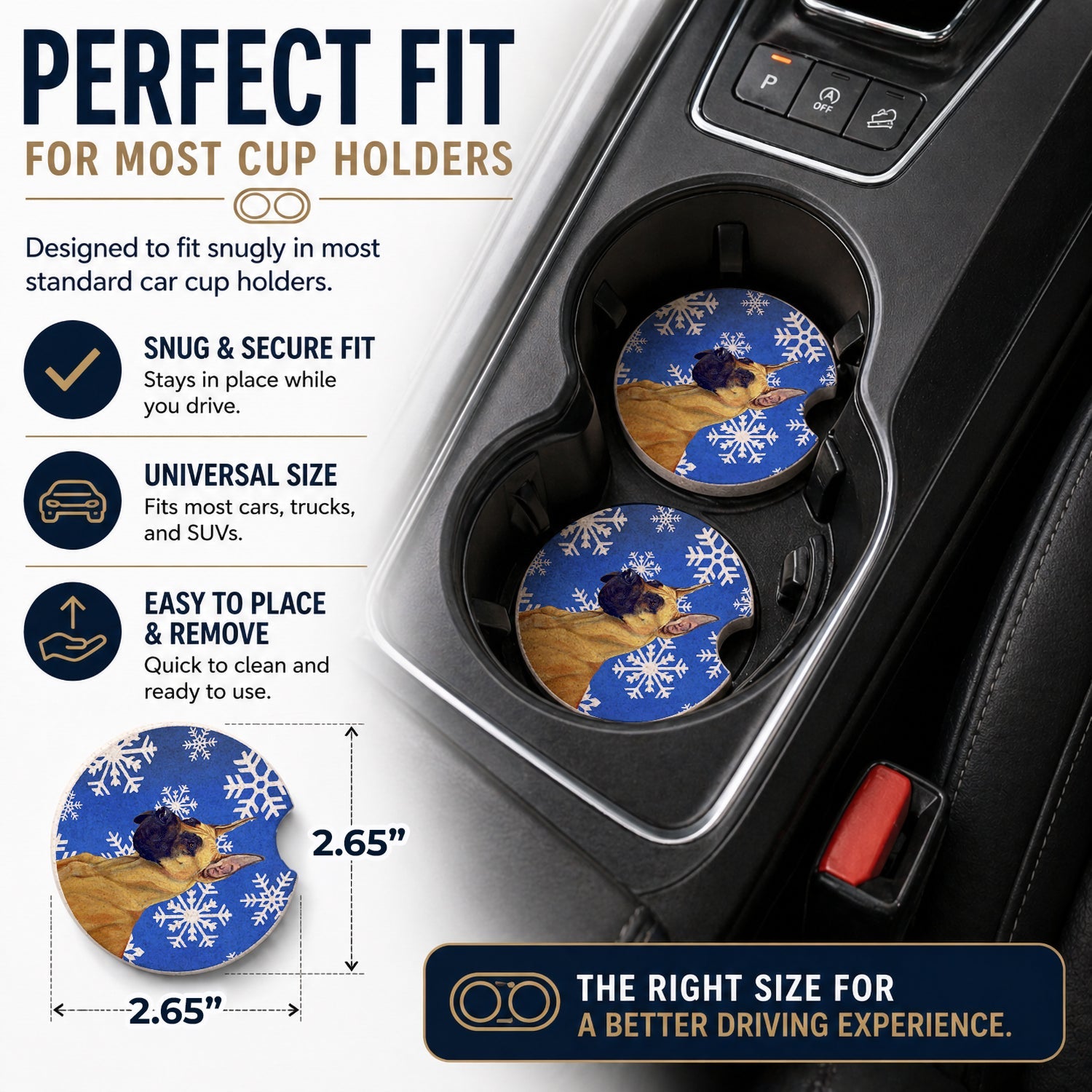 Great Dane Winter Snowflakes Holiday Set of 2 Cup Holder Car Coasters Absorbent Round Sandstone Coasters Gifts for Men or Women, 2.5, Multicolor
