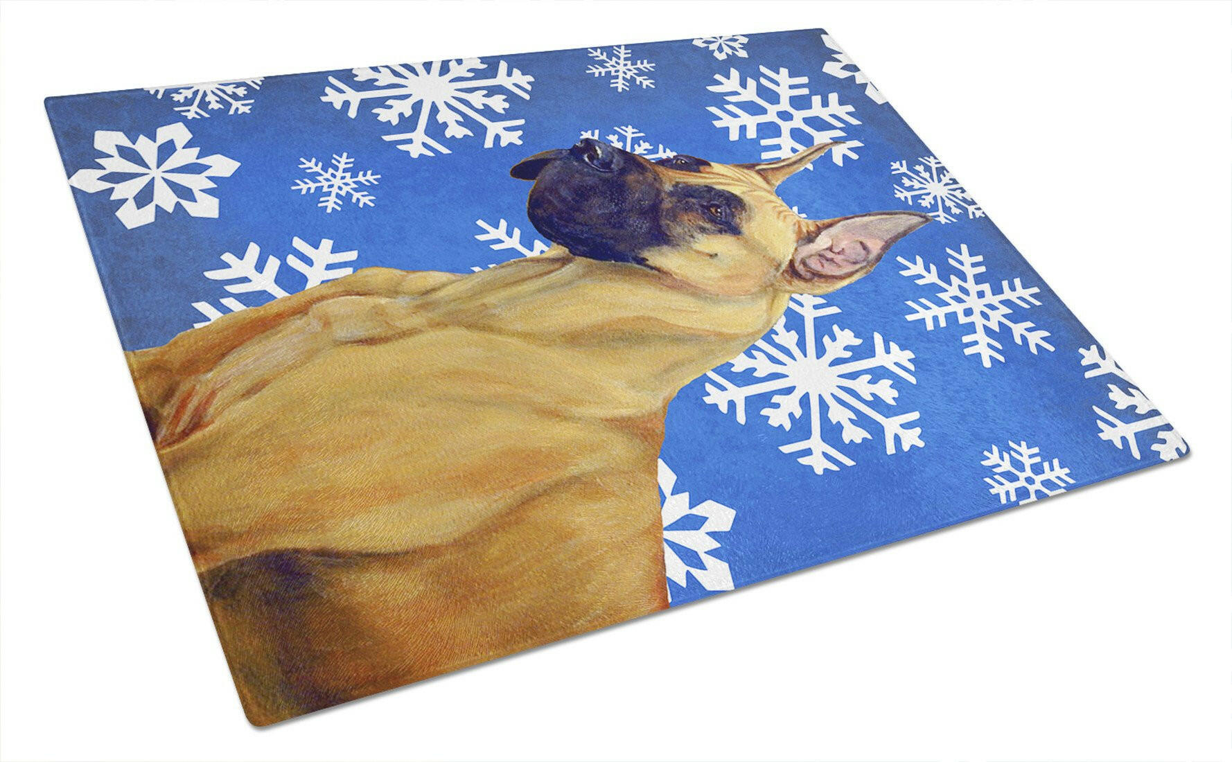 Great Dane Winter Snowflakes Holiday Cutting Board Tempered Glass Kitchen Cutting Surface, Heat Resistant Chopping, Non-Slip Feet, Food Prep & Serving
