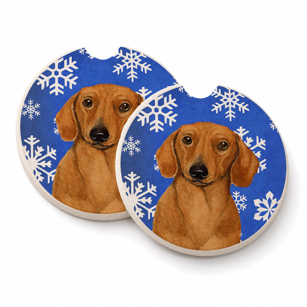 Dachshund Winter Snowflakes Holiday Set of 2 Cup Holder Car Coasters Absorbent Round Sandstone Coasters Gifts for Men or Women, 2.5, Multicolor